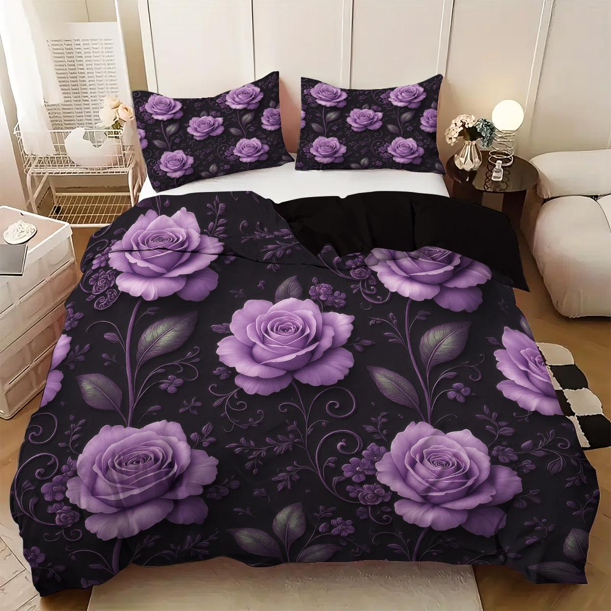 

3pcs purple rose heart patterned duvet cover set, 1 duvet cover+2 pillowcases, coreless. Soft and comfortable bedding set 135x200cm-EU-Single&set