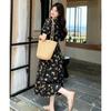 Korean Black Floral Dress Women's Summer Bubble Sleeves Waist Thin Gentle Wind French Retro Japanese Versatile Long Dress