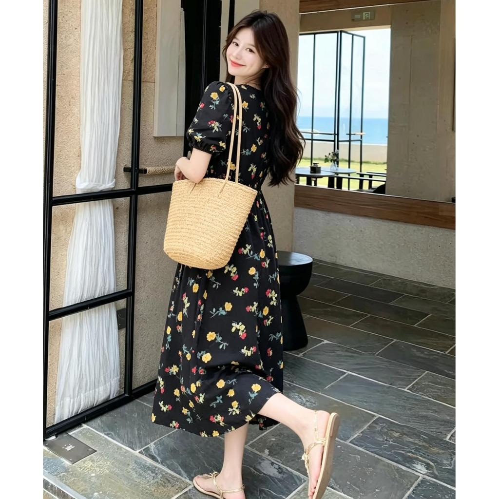 Korean Black Floral Dress Women's Summer Bubble Sleeves Waist Thin Gentle Wind French Retro Japanese Versatile Long Dress