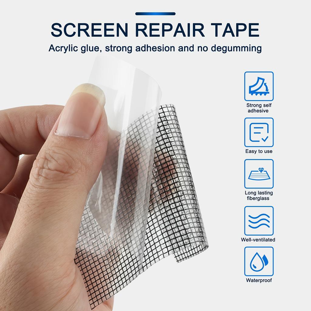Black Window Screen Repair Kit with Adhesive and Waterproof Tape to Cover Grid for Fixing Holes in Window Screens and Mesh Doors