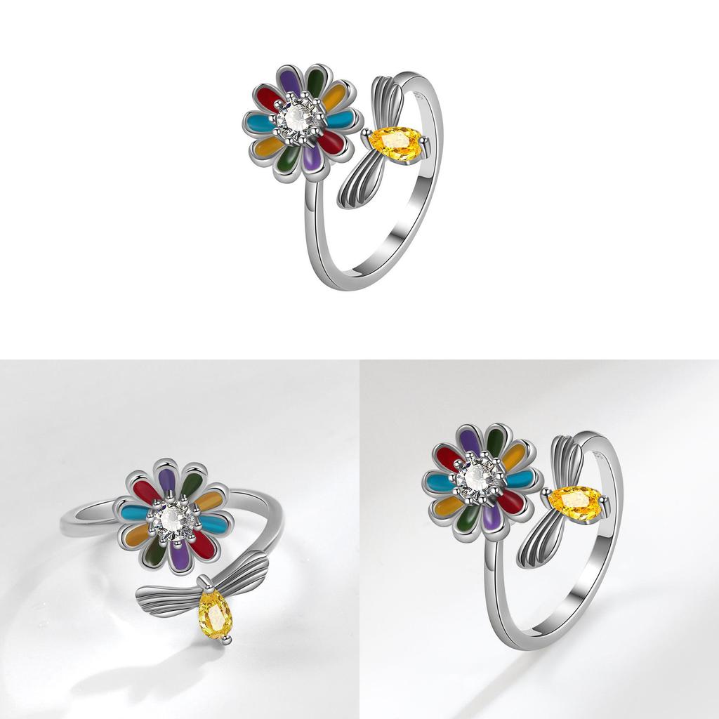Copper Floral Ring With Zircon Stones For Women Spring Fashion Accessory