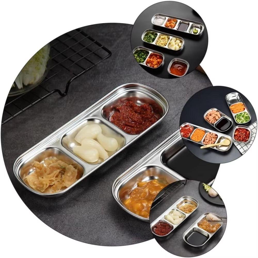2Pcs Stainless Steel Seasoning Dish 2/3/4 Grid Thickened Divided Dip Bowls Easy Clean Stackable Vinegar Soy Spice Condiment Tray