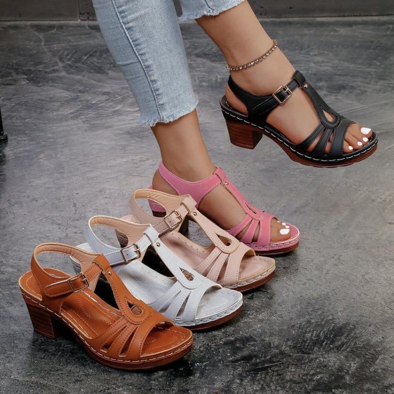 

New Plus-size Shoes Fish-mouth Thick-heeled One-shoulder Buckle High-heeled Sandals 36 білий