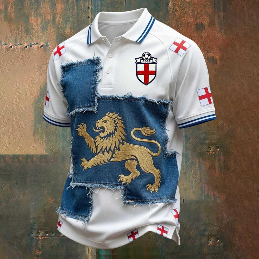 Camiseta Polo Clásica para Hombre con Estampado de Fútbol de Inglaterra Manga Corta Cuello de Botón Corte Casual Ropa de Fútbol para Aficionados