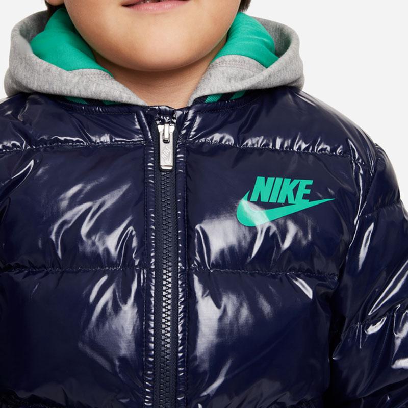 Nike Down Fill Brand Logo Print Shiny Hooded Down Jacket Kids outerwear Navy-Blue DB7075-451