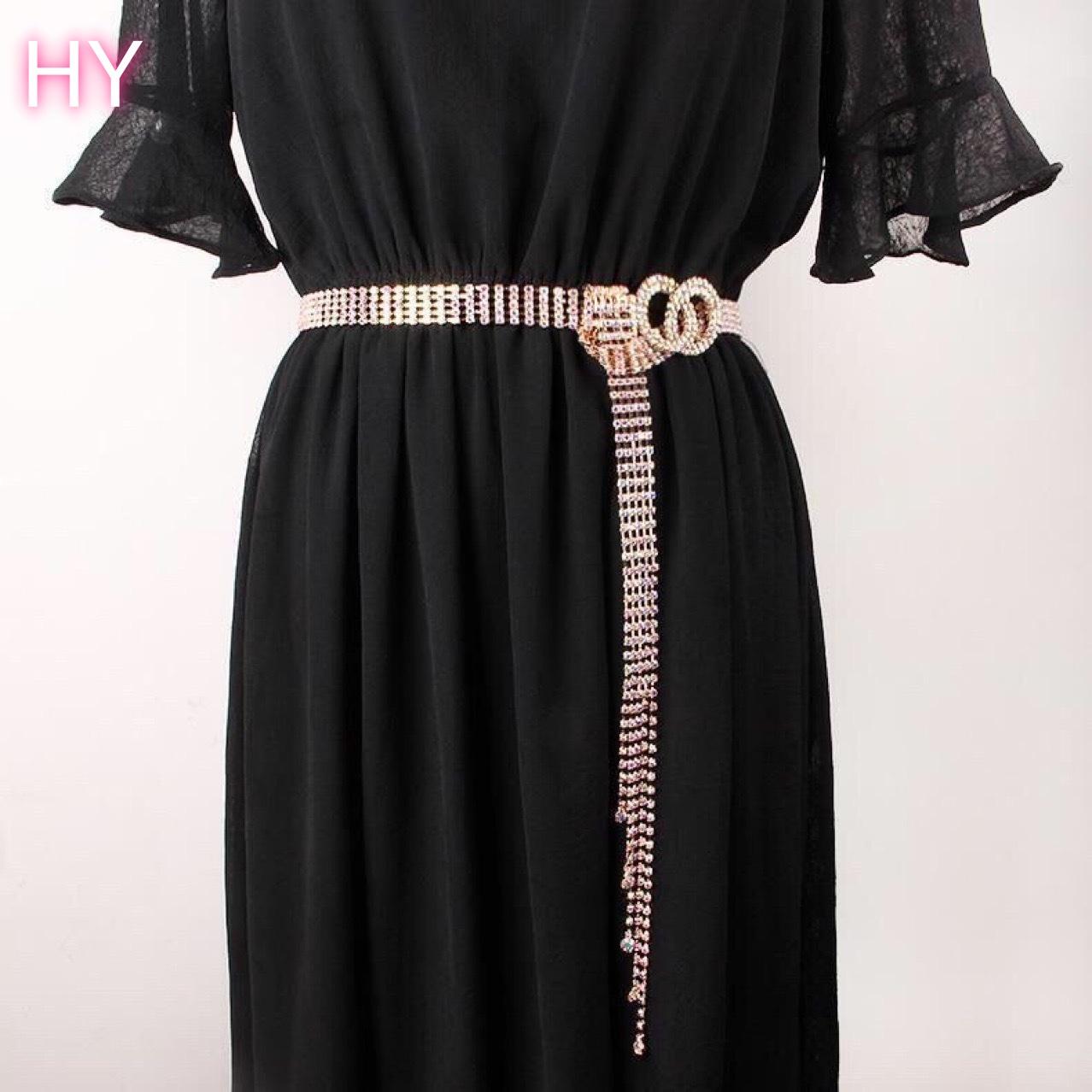 HY Yonger Factory Gold Silver Chain Waist Tie Bling Bling Glitter Rhinestone Tassel Belt Waistband for Women Dress