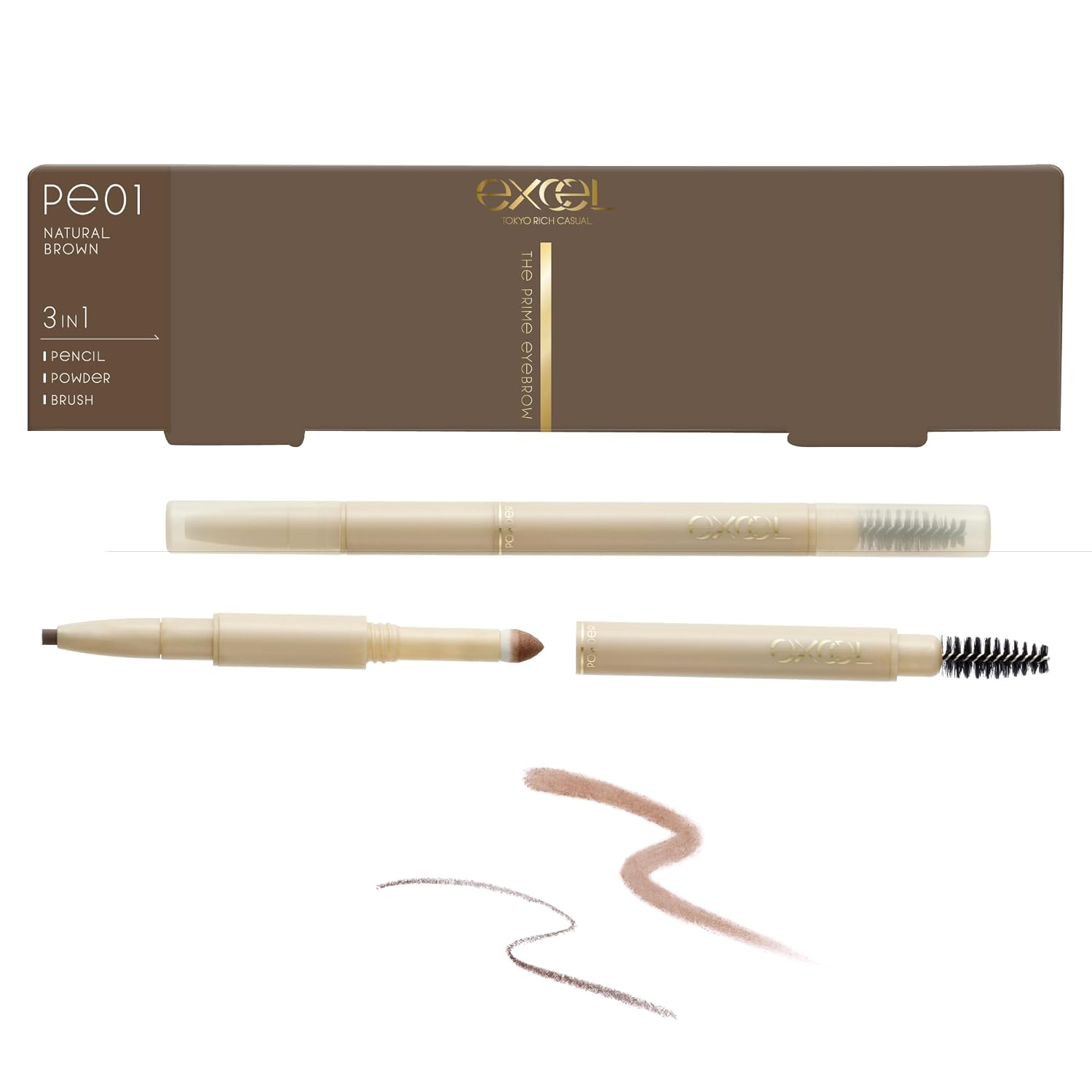 Excel Prime Eyebrow PE01 Natural Brown Pencil Brush Powder 3-in-1