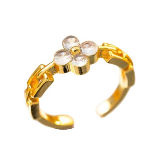 Women Ring Four-Leaf Clover Design Finger Ring with Rhinestones Prong-Setting