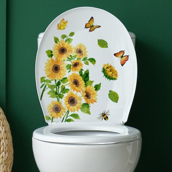 Sunflower Butterflies Toilet Sticker Removable Self-adhesive Waterproof PVC Living Room Wall Art Bathroom Toilet Lid Decoration Decal