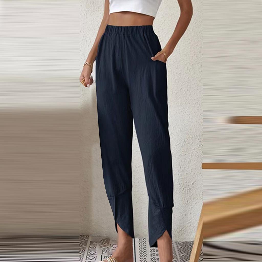 Women's Fashion Temperament Solid Color Casual Bunched Foot Pants Loose Pocket Cotton Hemp Cloth Small Foot Pants