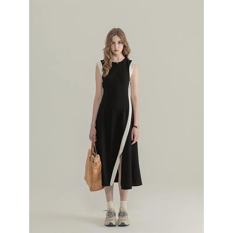 Spring Summer Women O Neck Comfortable Elegance Sleeveless Temperament High Waist A Line Simple Solid Color Long Dress