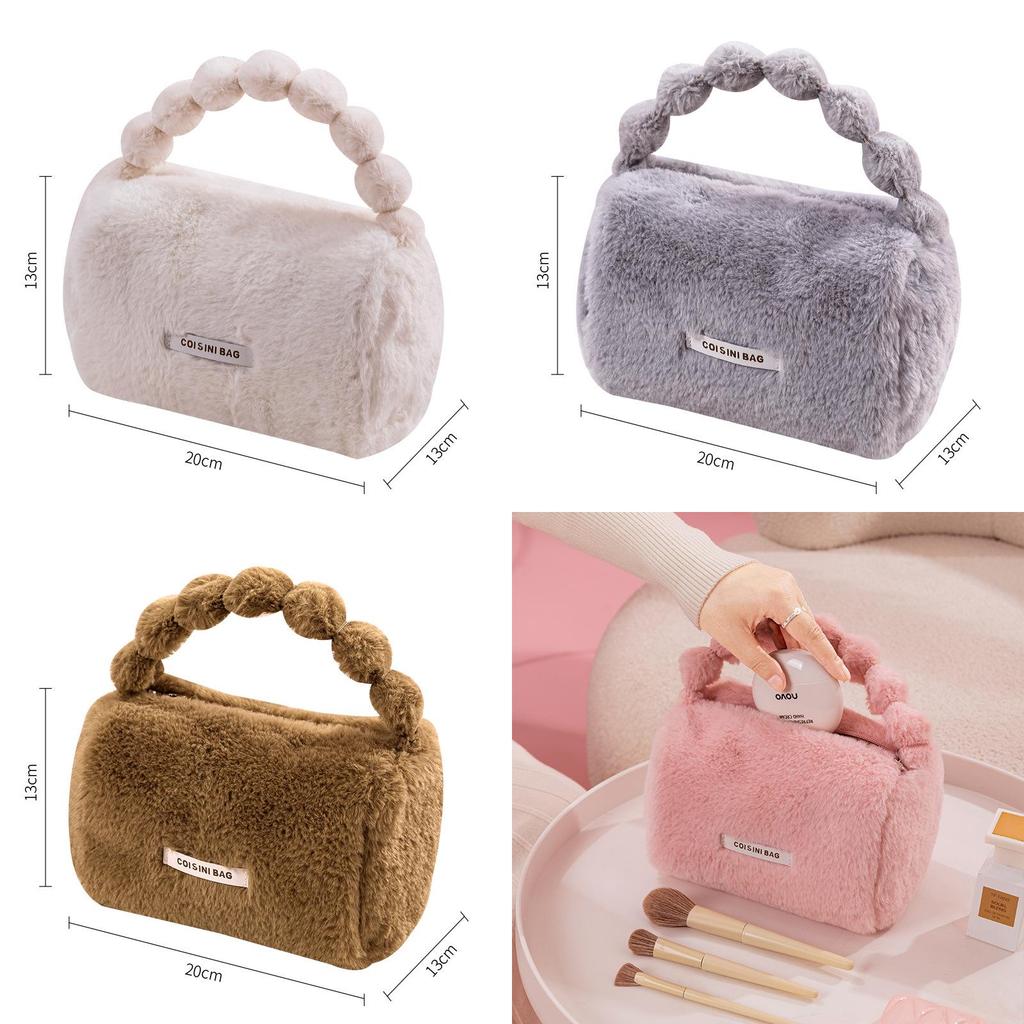 Cute Faux Rabbit Fur Makeup Bag Plush Fashion Skincare Storage Pouch Travel Cosmetic Organizer