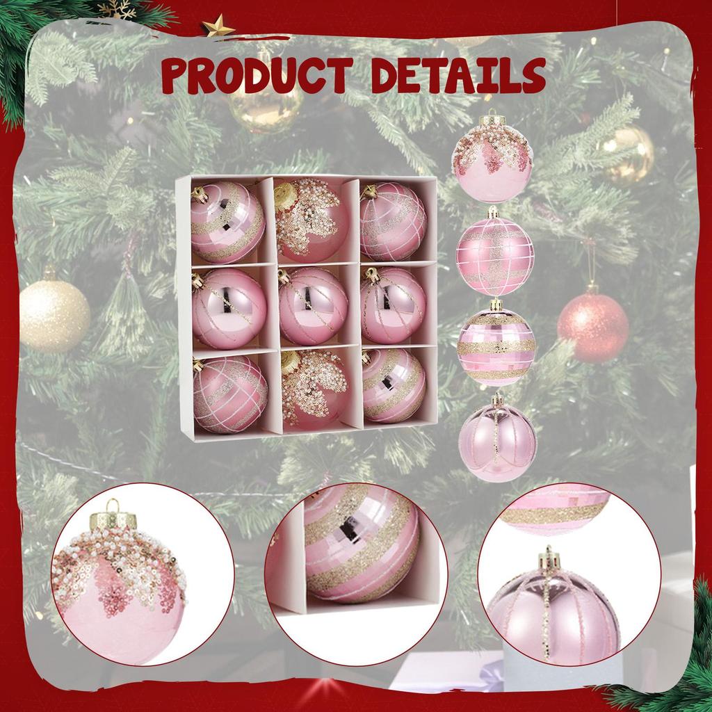 9Pcs Glitter Christmas Ball Ornaments Shatterproof 8cm Xmas Tree Hanging Decorations for Bar Pub Wedding Thanksgiving Garden