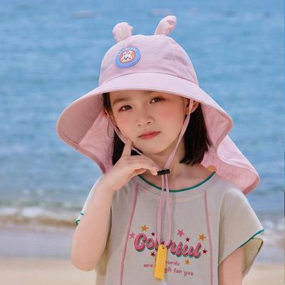 Whistle~ Big Brim Children's Sun Hat Sun Protection Foldable Kids Whistle Sunscreen Hat Cap Neck Cover Cartoon Fisherman Hat