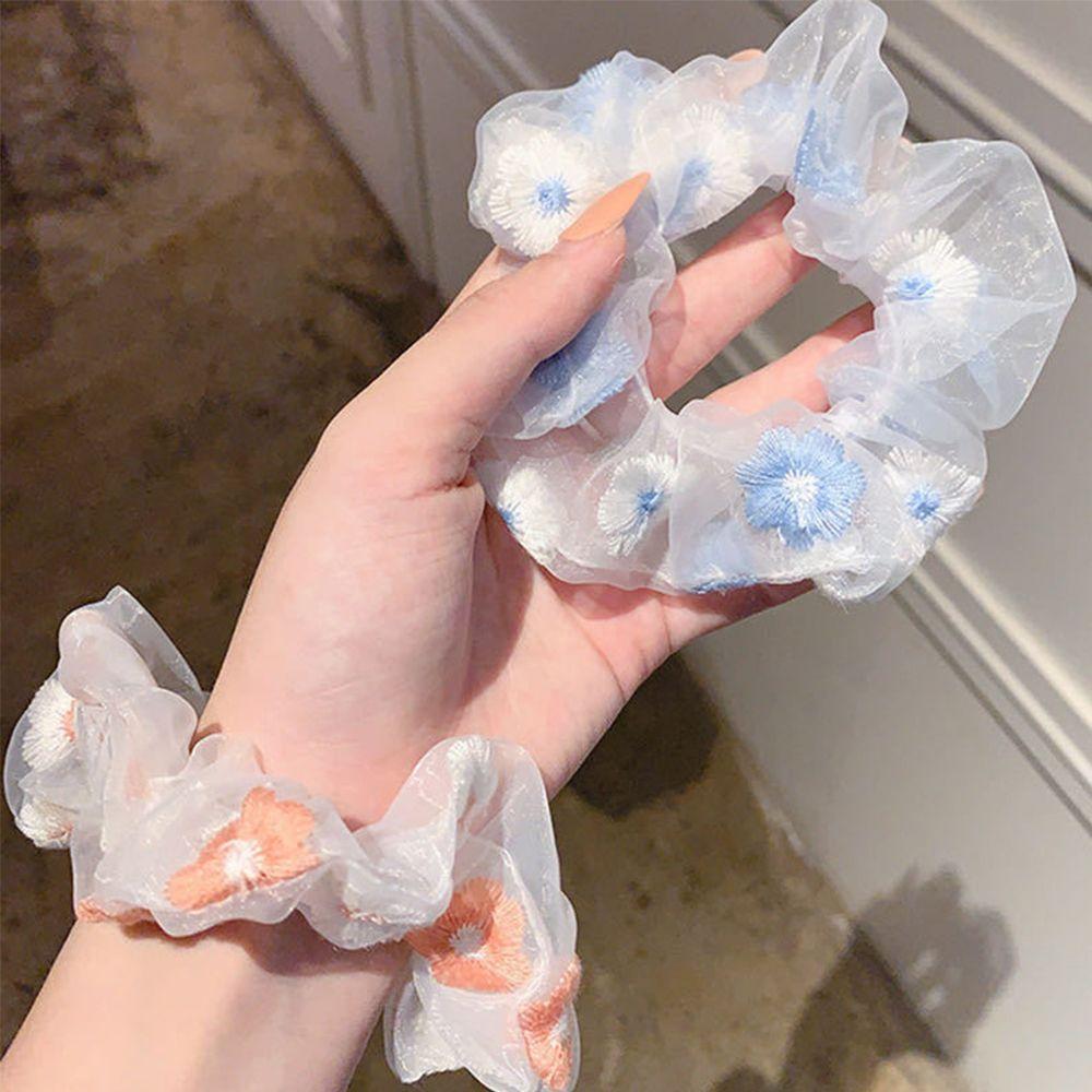 Hair Band Korean Ponytail Holder Flowers Embroidery Gauze Scrunchie Hair Tie Rubber Band Hair Rope