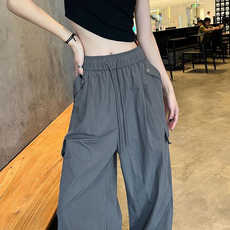 Retro Quick-drying Work Pants for Women In Summer Thin Small Straight Baggy Drawstring Ties Informal Wide-leg Pants