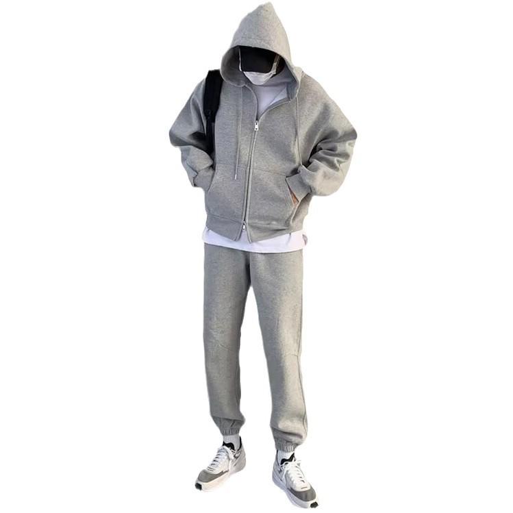 Men's Heavyweight Korean Style Loose Solid Color Hooded Cardigan with Double Zipper