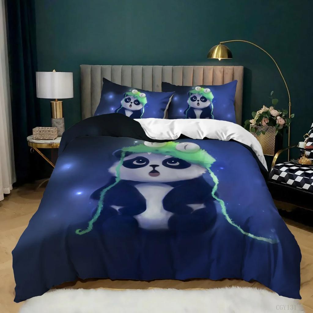 Panda Sengetøj Tegneserie Panda Printet Sengetøjssæt Til Børn Drenge Piger Mikrofiber Sødt Dyre Dynebetræk 2/3 Dele Fuld Størrelse