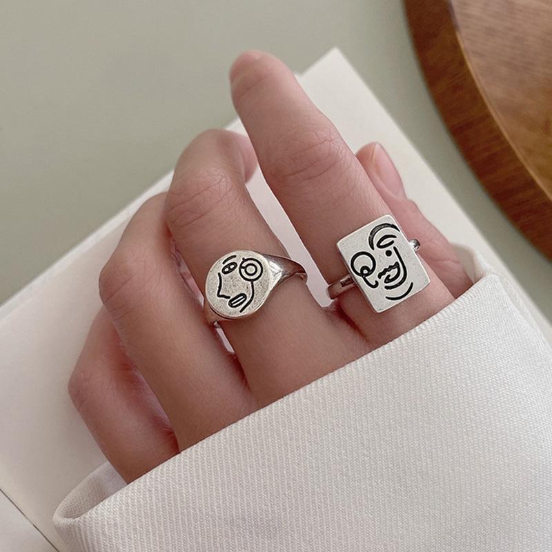 Retro Picasso Human Face Ring For Women 925 Silver Adjustable Open Ring Gothic Jewelry Trendy Unisex Accessories Gift