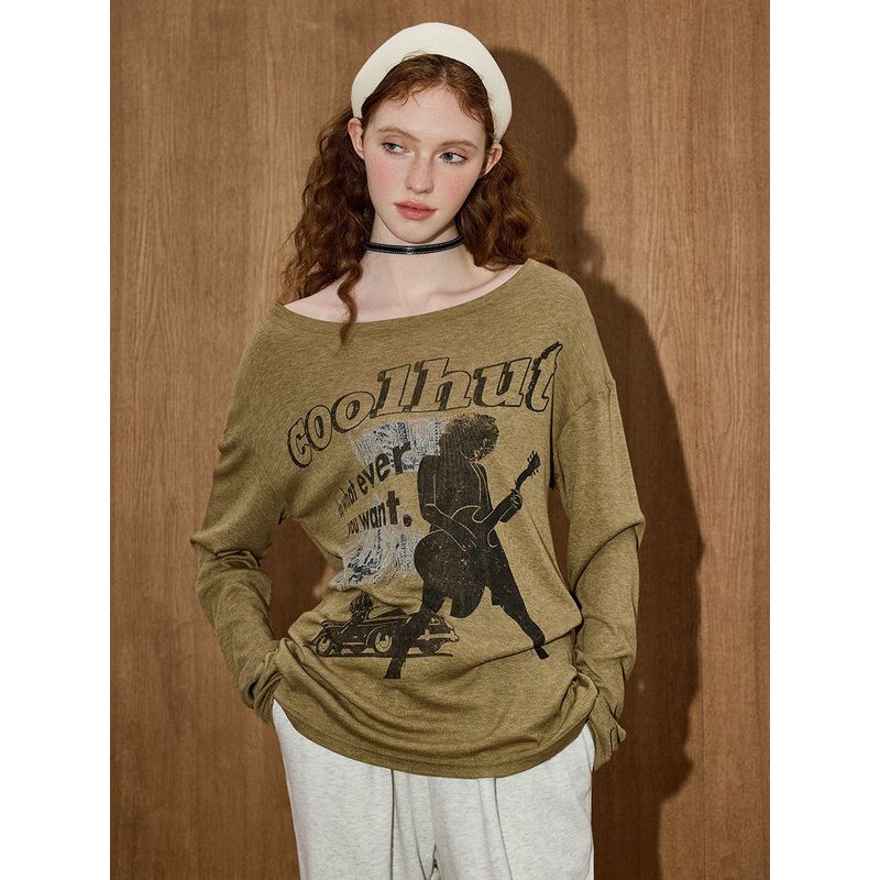 Coolhut American Retro Print Loose and Comfortable Loose-Fitting 2025 Summer Women's T-Shirt with Tencel Letters