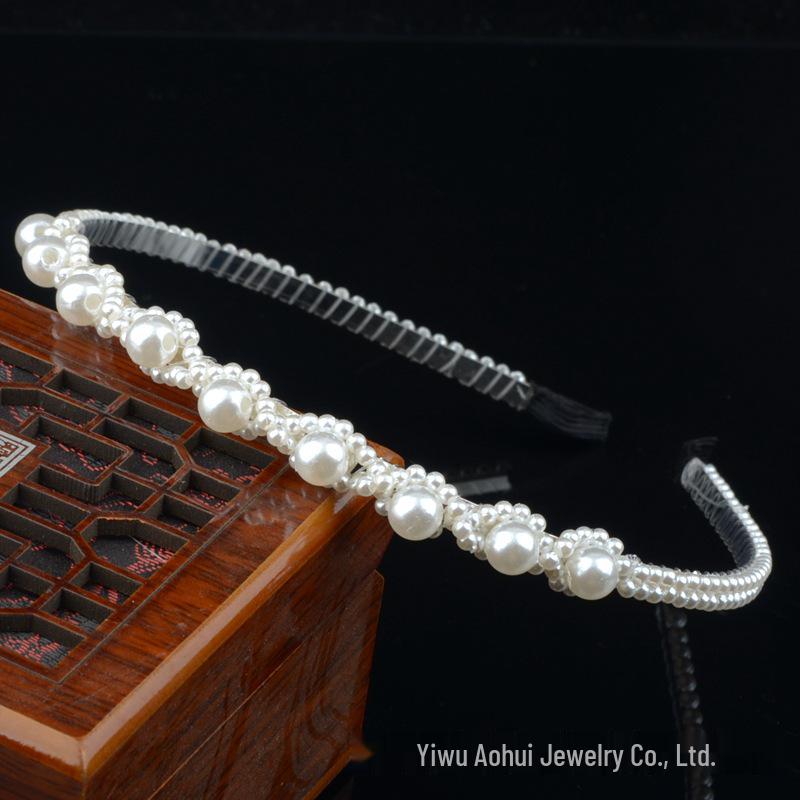 Handwoven Faux Pearl Headband & Bow Hair Clip Set for Brides