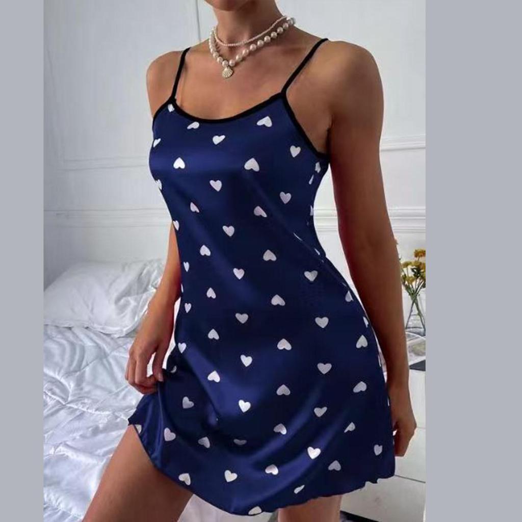 Summer Women's Heart Print Spaghetti Strap Pajama Dress