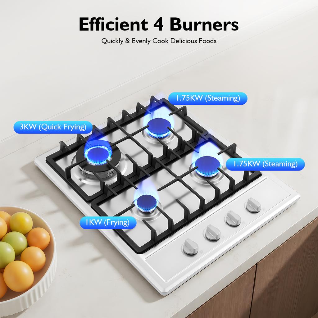 Powerful Built-in Gas Cooktop 4 Burner, Stainless Steel with 3KW Rapid Burner & Cast Iron Grates for Kitchen