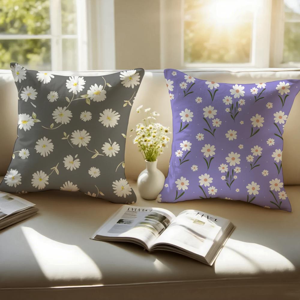 Fresh Small Daisy Floral Cushion Cover Pillowcase Antidustmite Invisible Zipper Short Plush Sofa Cushion