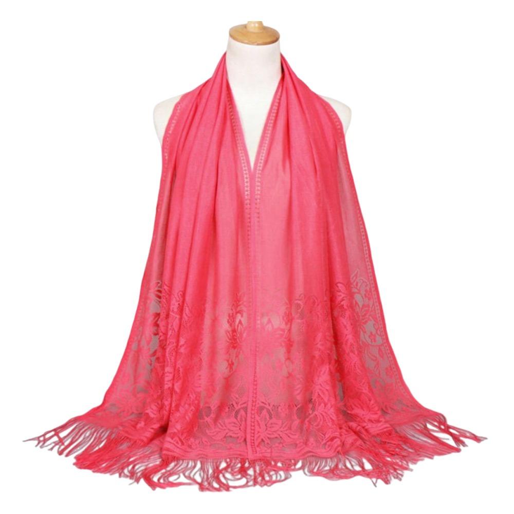 Cross-Border Solid Color Lace Scarf Cotton Blend Muga Silk Hollow Scarf Hollow Design Tassel Trim Mesh Scarf Casual Wear