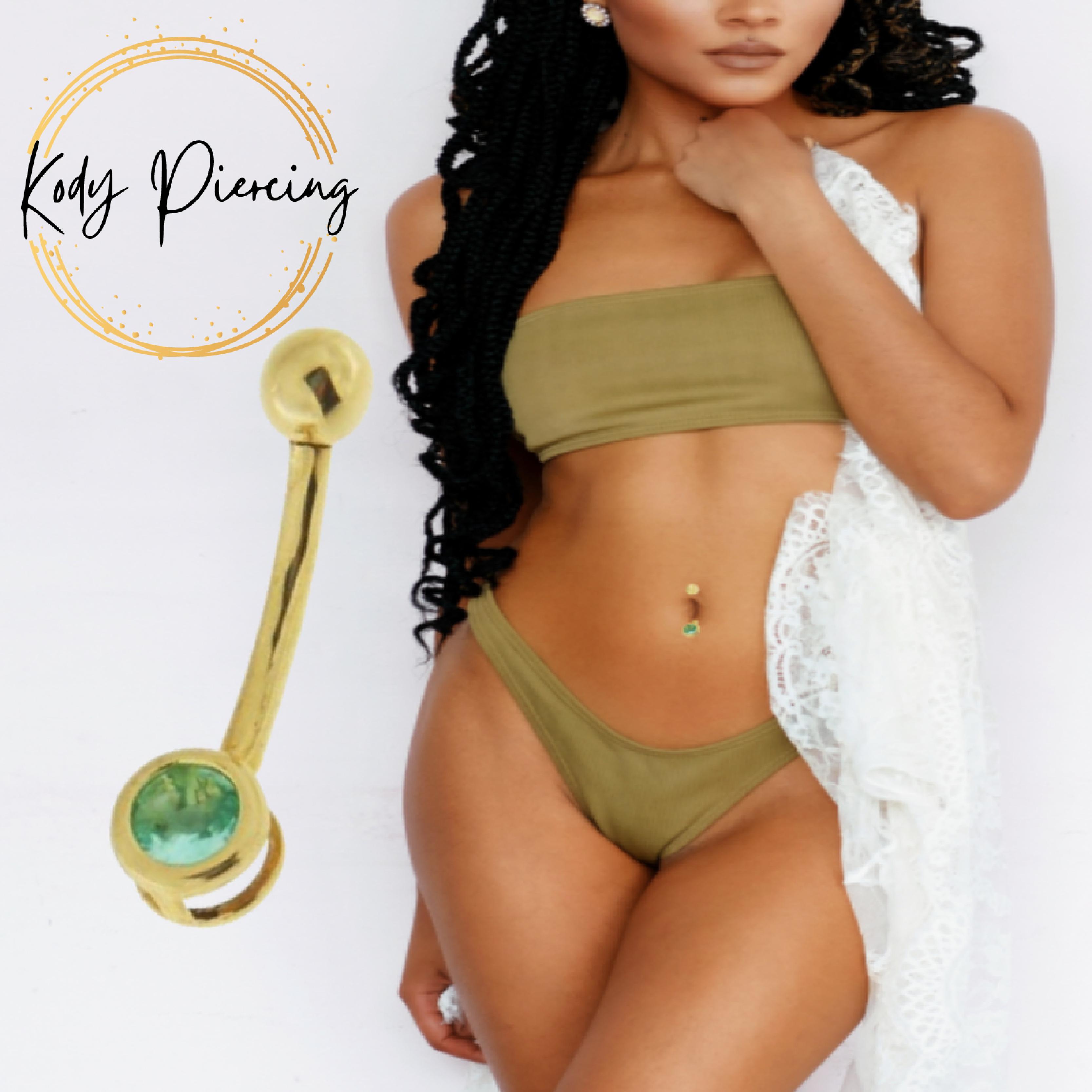 

KODY PIERCING Пирсинг пупка из цельного золота 14 карат с зеленым цирконом CZ - качественный пирсинг