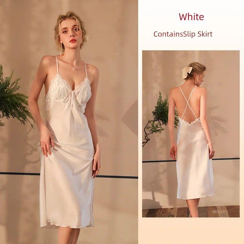 

New Arrival Ice Silk Nightdress/Charm Bridal Dress-with Chest Pad/Sexy Dress/Deep V-neck Backless Temptation Suspender Skirt White L