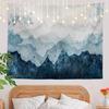 Navy Blue Watercolor Mountains Wall Tapestry, Sky Wall Hanging Large Tapestry Decoration Polyester Fiber White Hem Around for