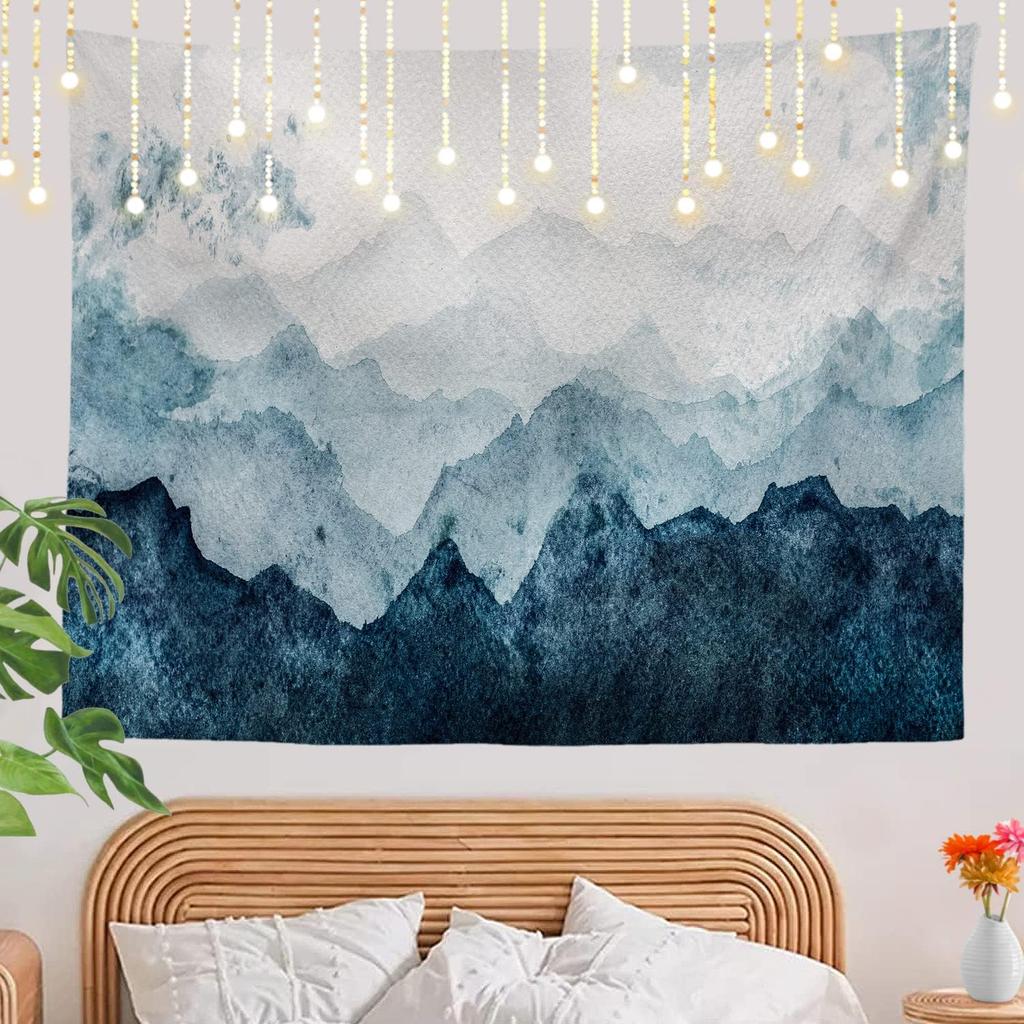 Navy Blue Watercolor Mountains Wall Tapestry, Sky Wall Hanging Large Tapestry Decoration Polyester Fiber White Hem Around for