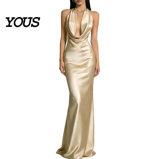 Party Dress Casual Women Sexy Backless Maxi Dress, Deep V Neck Sleeveless Versatile Halter Satin Long Formal Evening Mermaid Gown