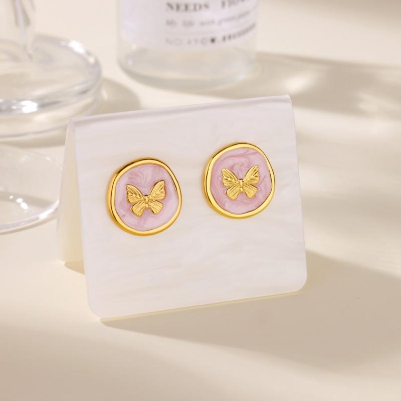 Vintage Macaron Drip Butterfly Stud Earrings Women's Niche Temperament Stainless Steel K Gold Plated Earrings