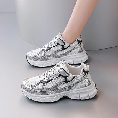 2024 Lente en Herfst Mode Dames Sportschoenen Ronde Neus Kleur Matching Mesh Ademend Veterschoenen Dames Gevulkaniseerde Schoenen
