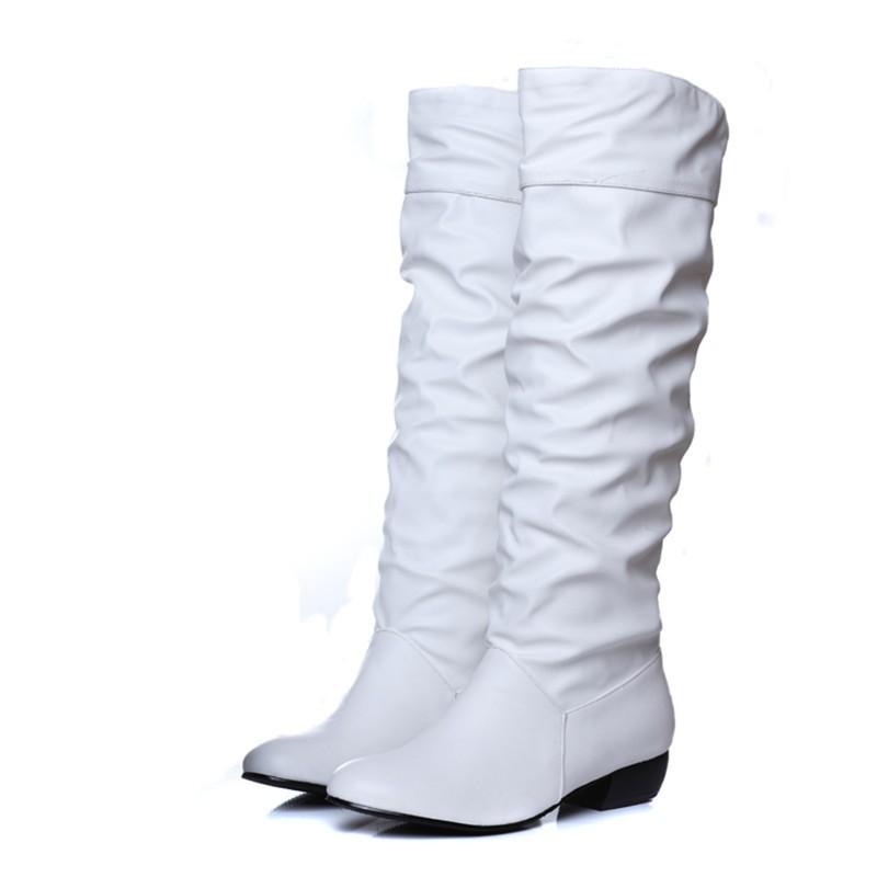 Womens Knee-High Flat Boots PU Leather Round Toe Casual Slip-On Size 34-47