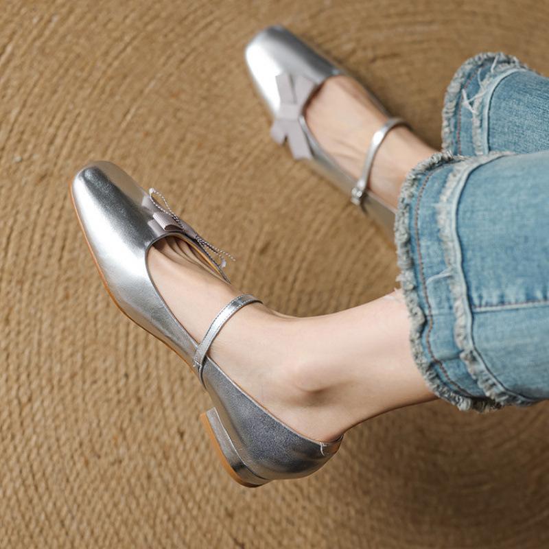 New Women's Fashion Single Shoes Square Head Comfortable Beef Tendon Sole Large Size Shoes Low Heel Casual Small Leather Shoes Wear Solid Color