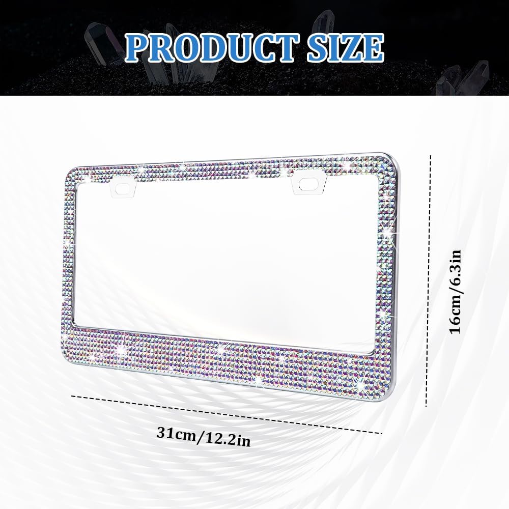 Bling License Plate Frame for Women, License Plate Holder, Sparkly Rhinestone Diamond Tag Holder Frames with Crystal Screws Caps, Stainless Steel