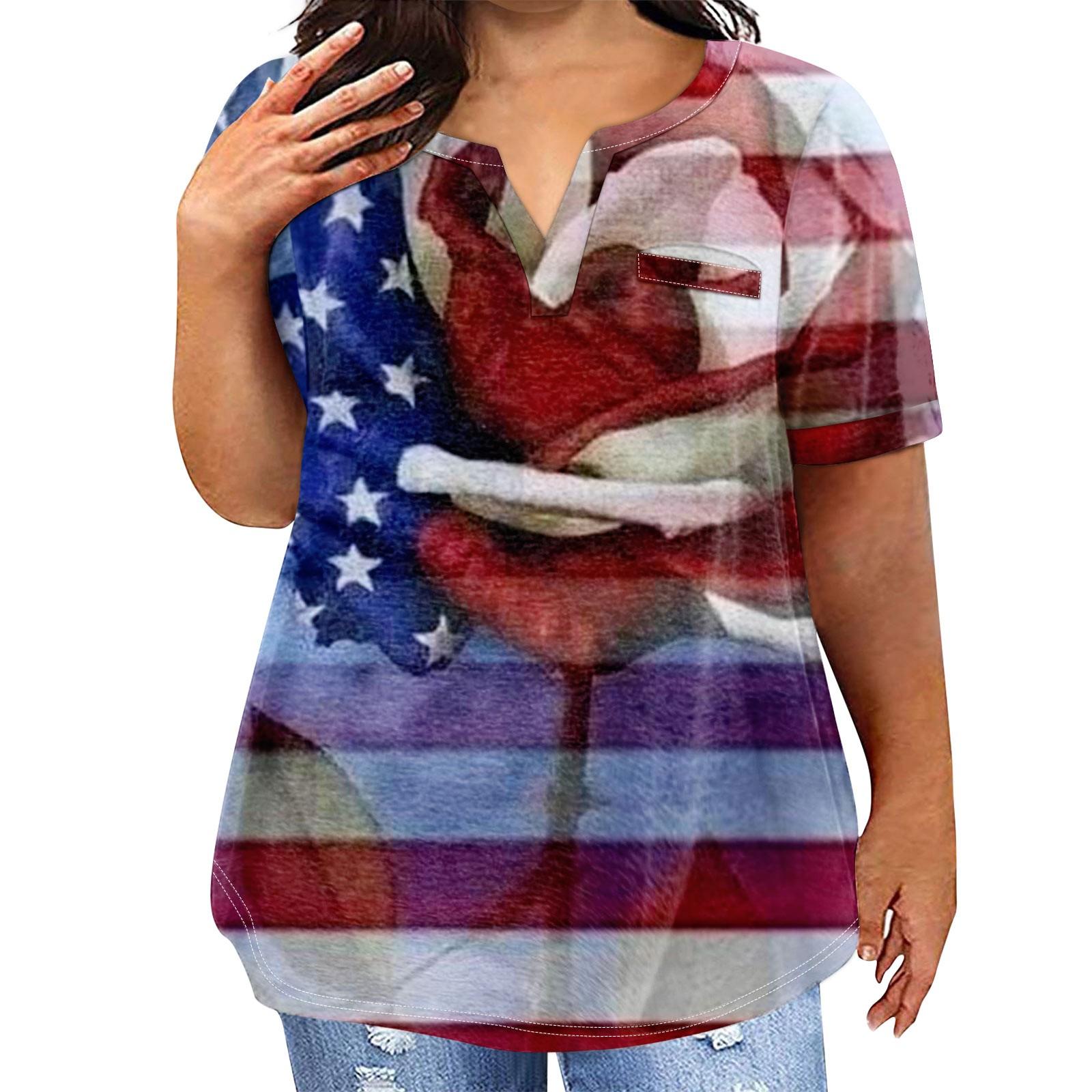 

Жіноча велика літня футболка з принтом до Дня незалежності з V-подібним вирізом і кишенею з короткими рукавами XXXXL винний