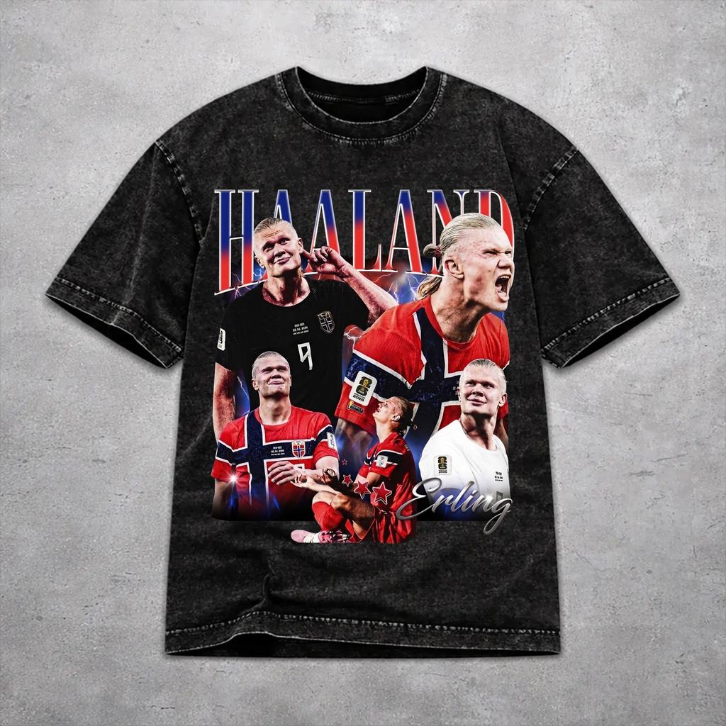 Retro Men Women Haaland Norway Football Tee Shirt Oversize Washed T Shirts Tops