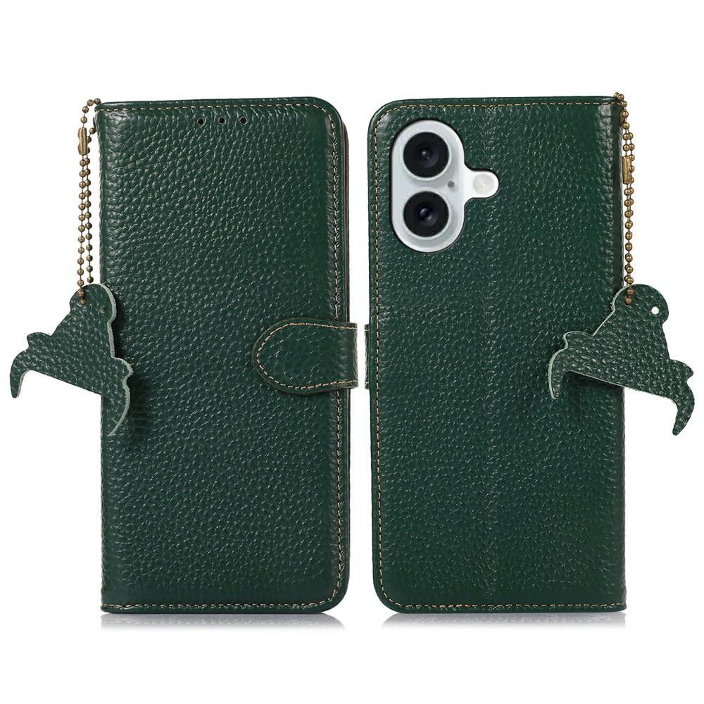 

For iPhone 17 Case RFID Blocking Genuine Cow Leather Phone Cover Litchi Texture Green