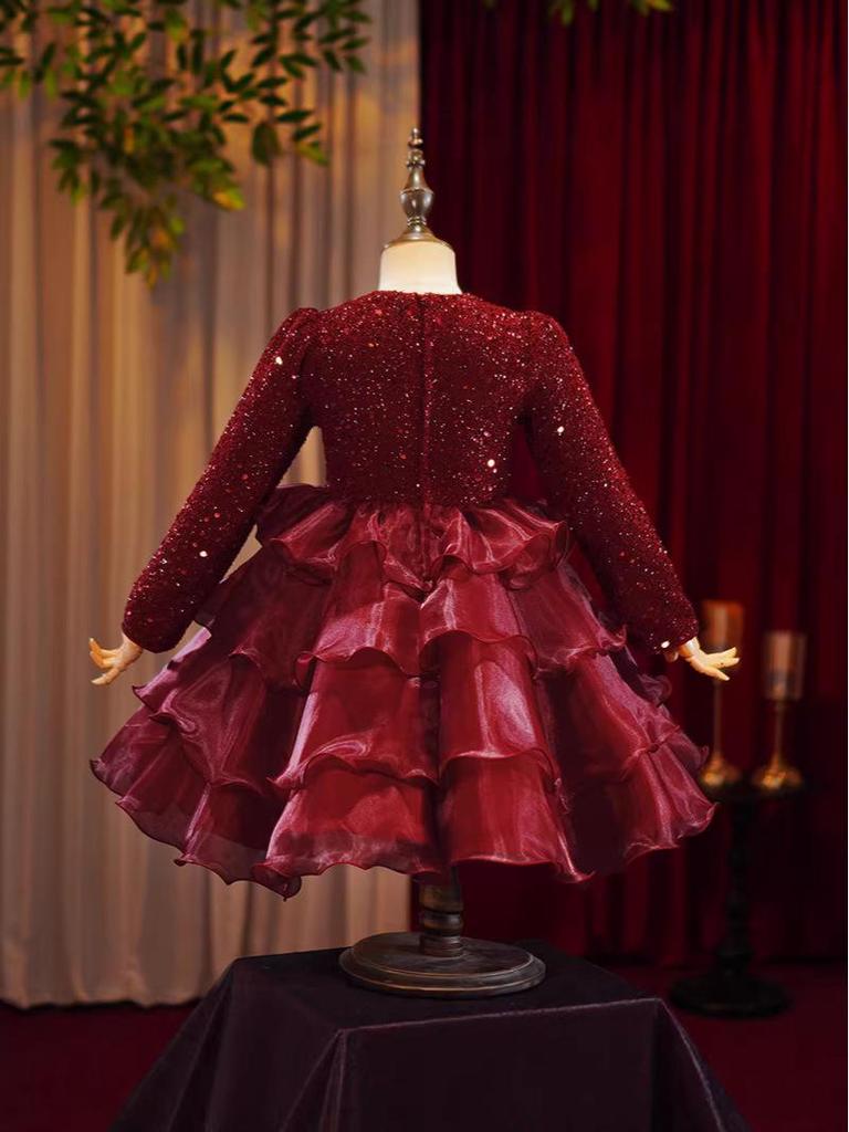 Girls' Wine Red Sequin Skirt with Bow & Tulle - Autumn/Winter Formal Christmas Dress