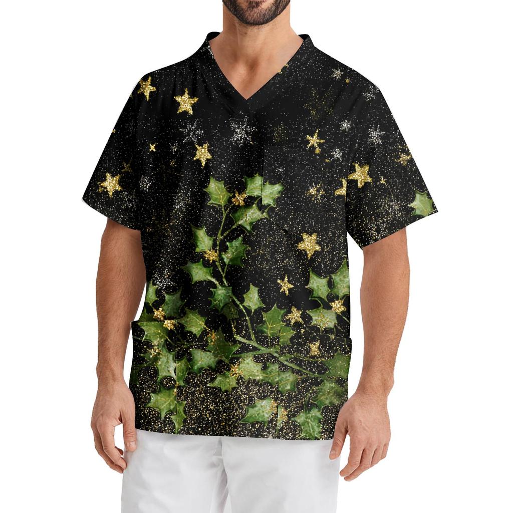 Men's Printing Short Sleeve V-neck Working Blouse Chest Pocket Carer Top