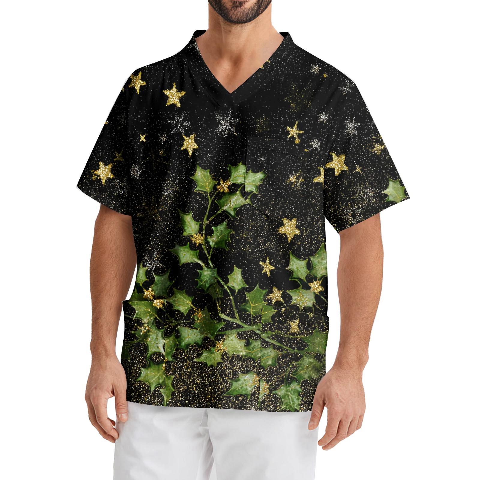 

Мужская рабочая блузка с короткими рукавами и v-образным вырезом с принтом, топ с нагрудным карманом L