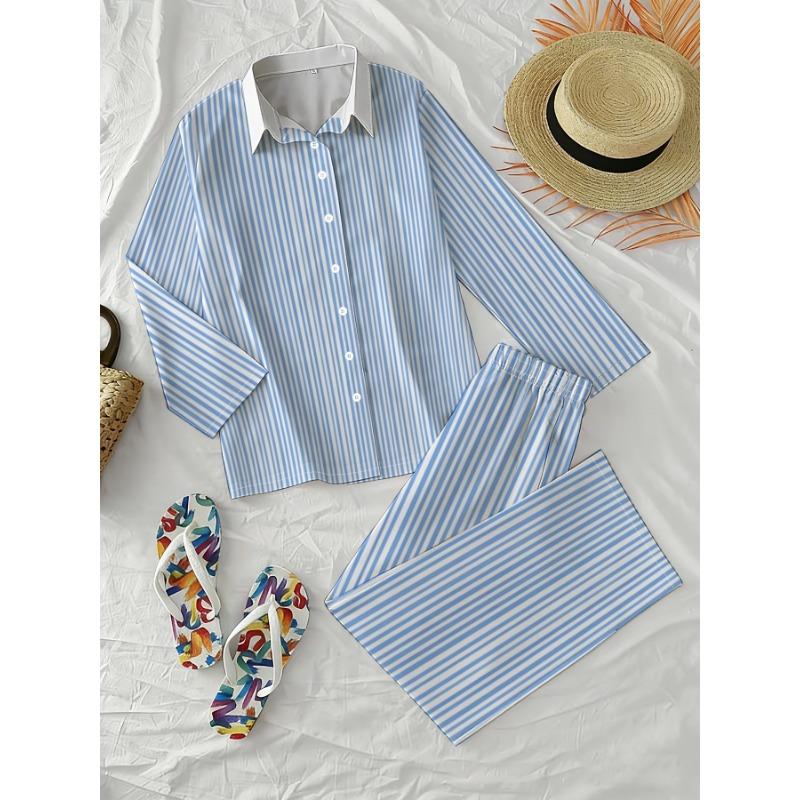 Fresh holiday style long-sleeved trousers suit women's blue and white striped shirt wide-leg pants two-piece set