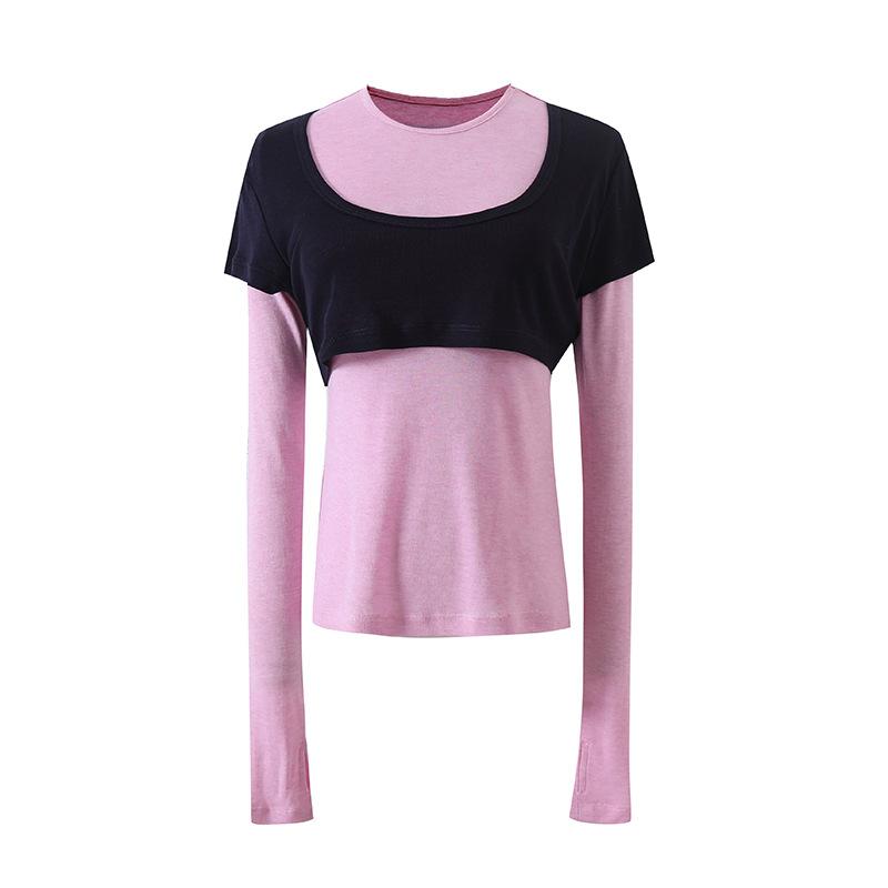 Women 2 In 1 Color Block U Neck Long Sleeve T-Shirt Slim Fit Fake Two Piece Layering Modal Wool Casual Top