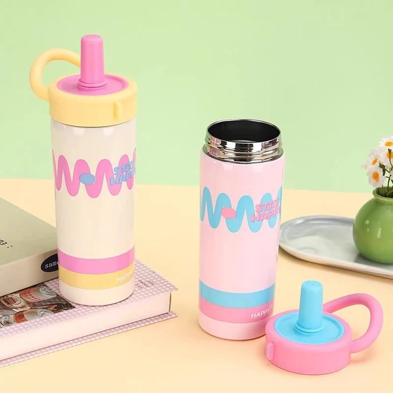 650ml Stainless Steel Insulated Cup with Straw Leak-Proof Portable Vacuum Flask Coffee Mug Double-Wall for Office with Handle