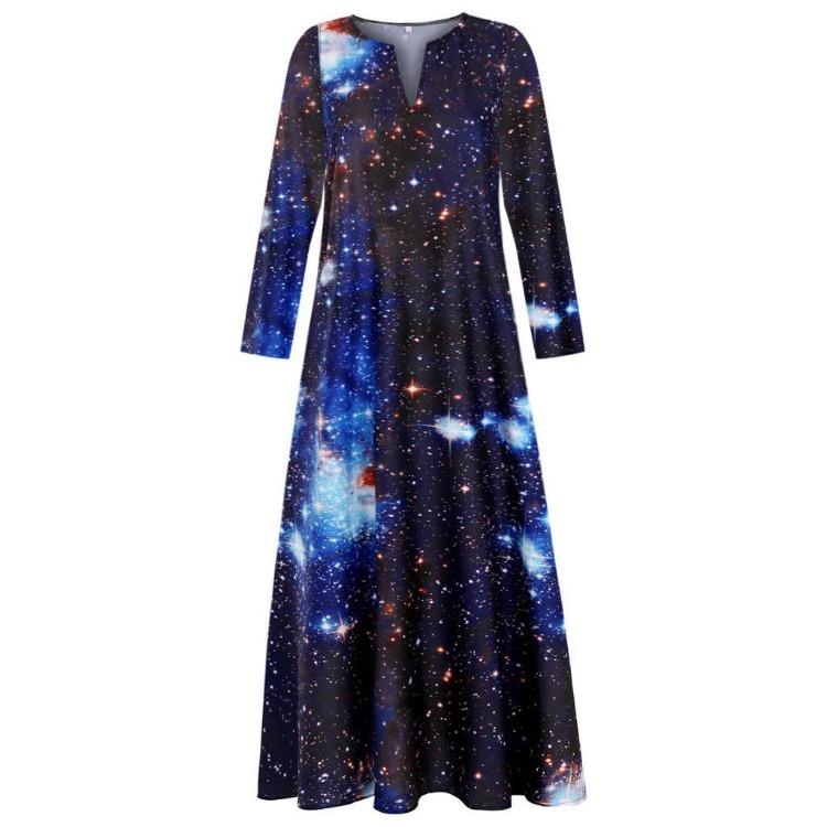 

New Fashion 3D Print Starry Sky Long Sleeve Maxi Dress 5XL чёрный
