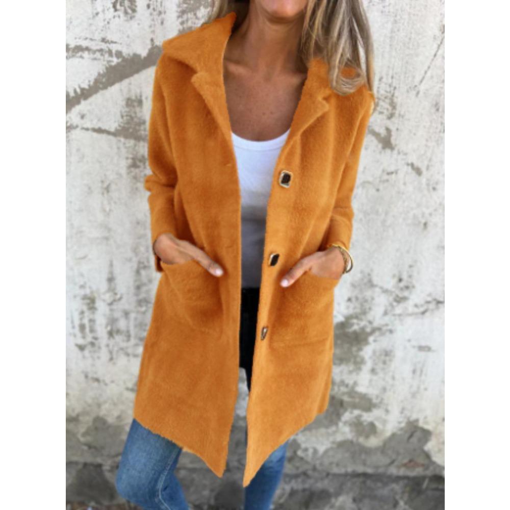 Women's Notched Lapel Single‑Breasted Pocket Loose Mid‑Length Fleece Coat Fall Outerwear
